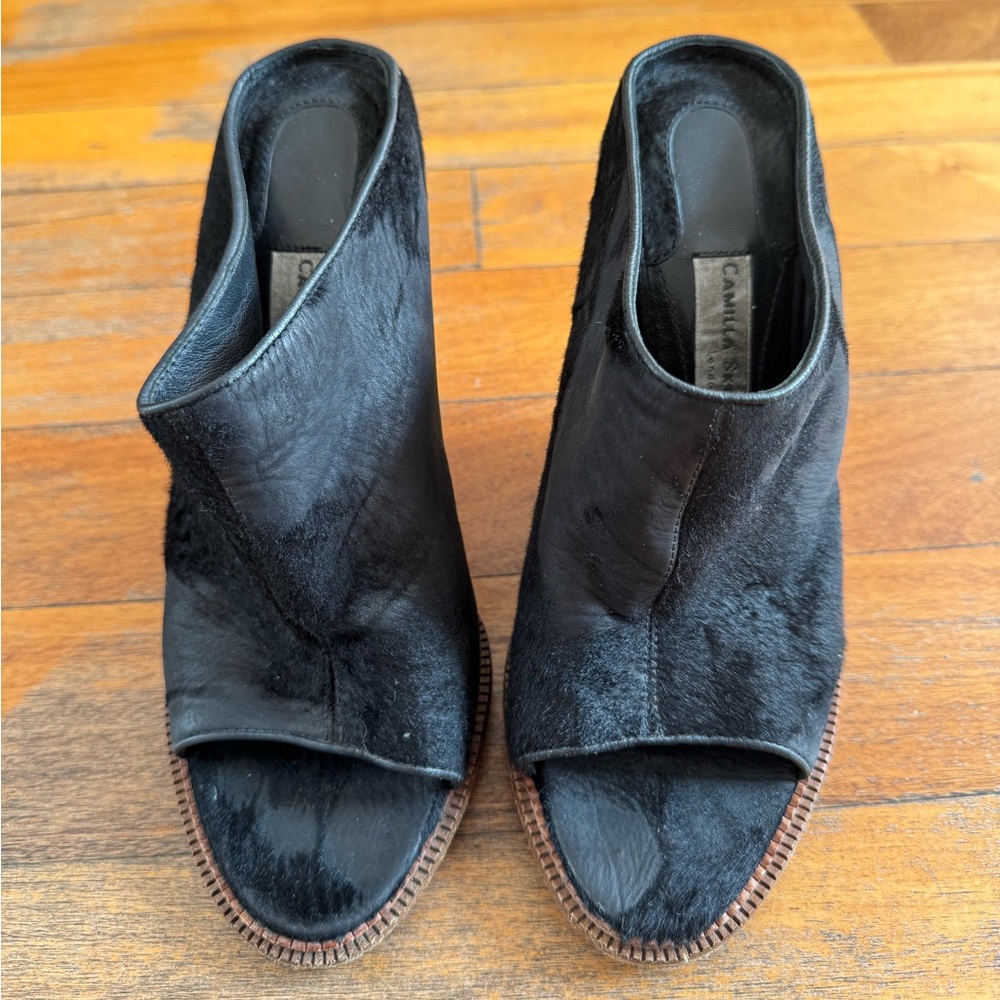Camilla Skovgaard black wedge brushed fur sandals